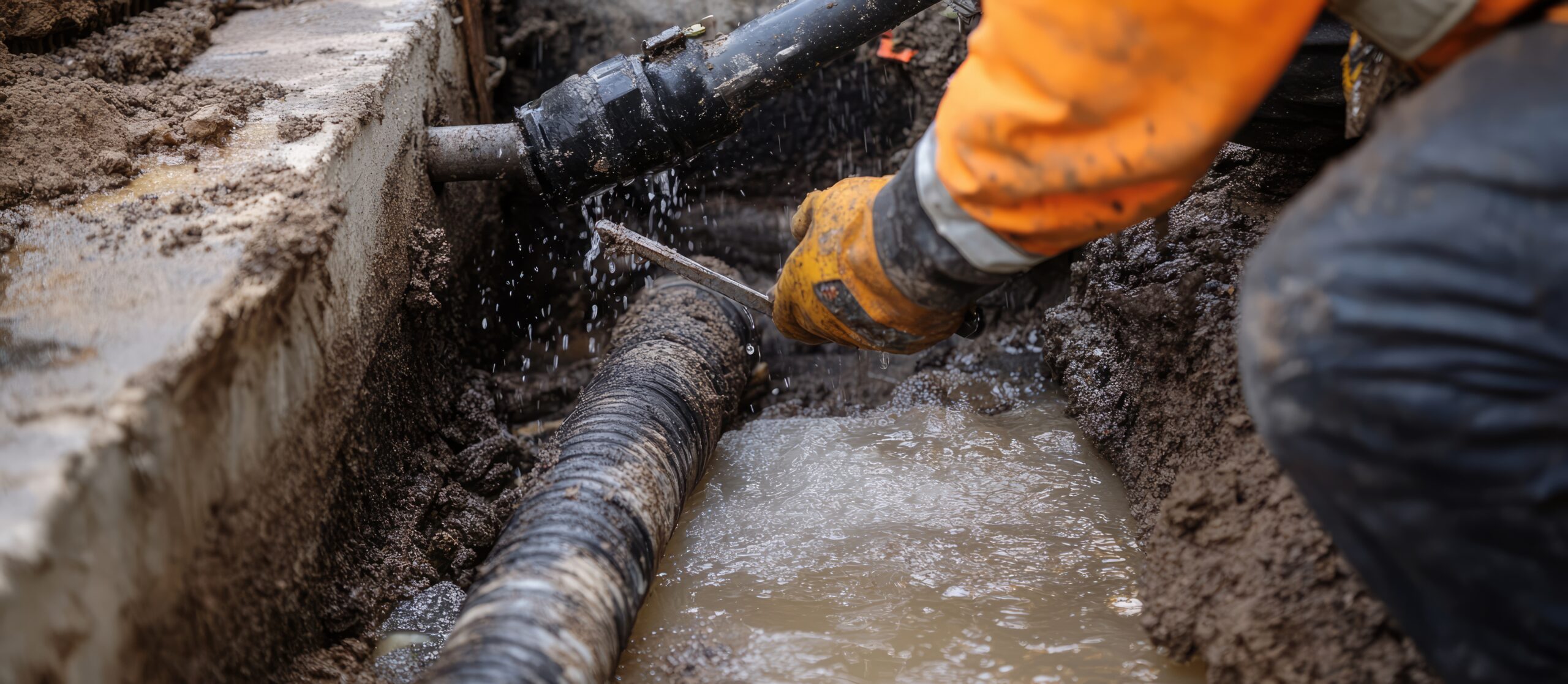 Worker repairing pipe for sewer collection system