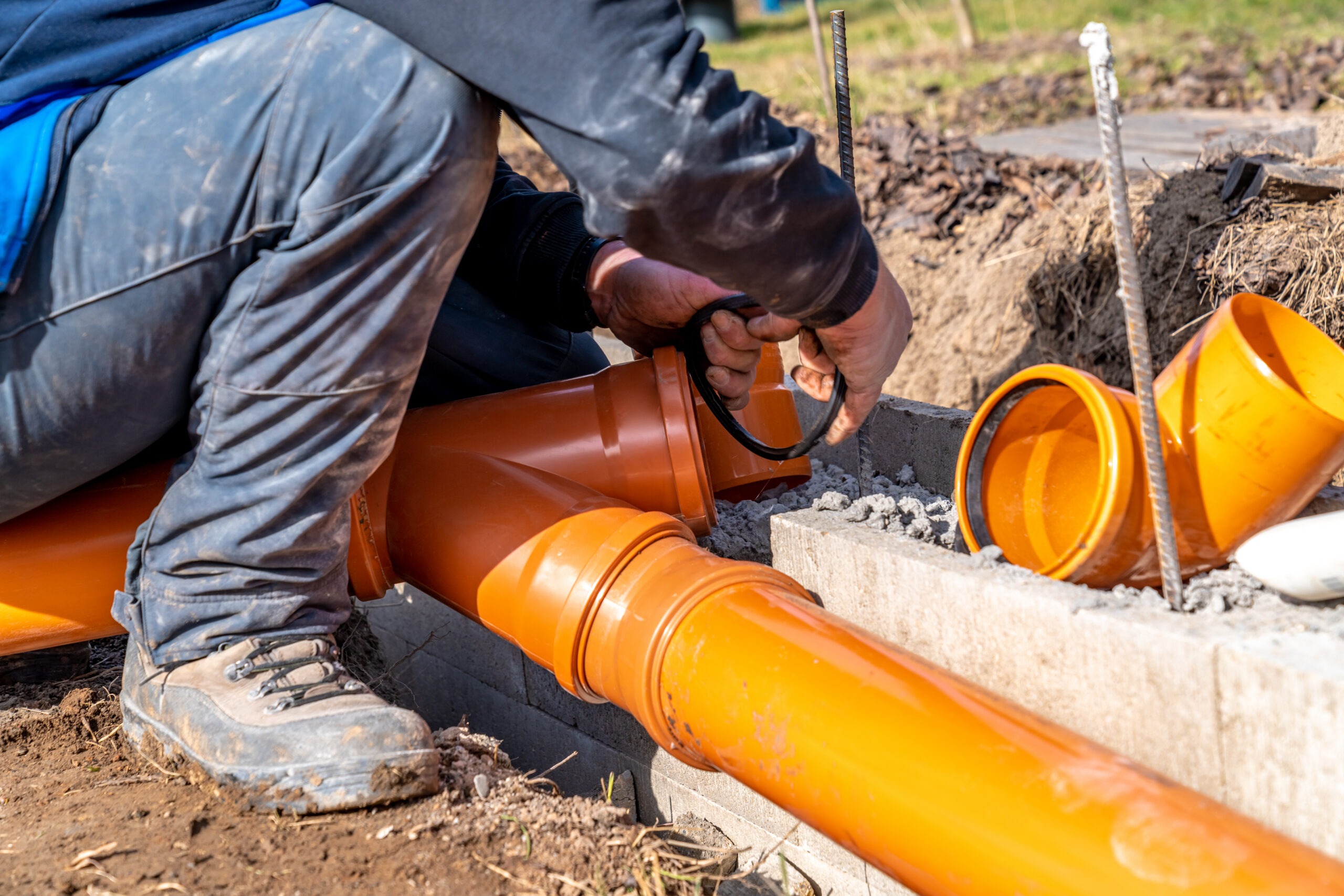 Man installing PVC pipe for sewerage in the ground
