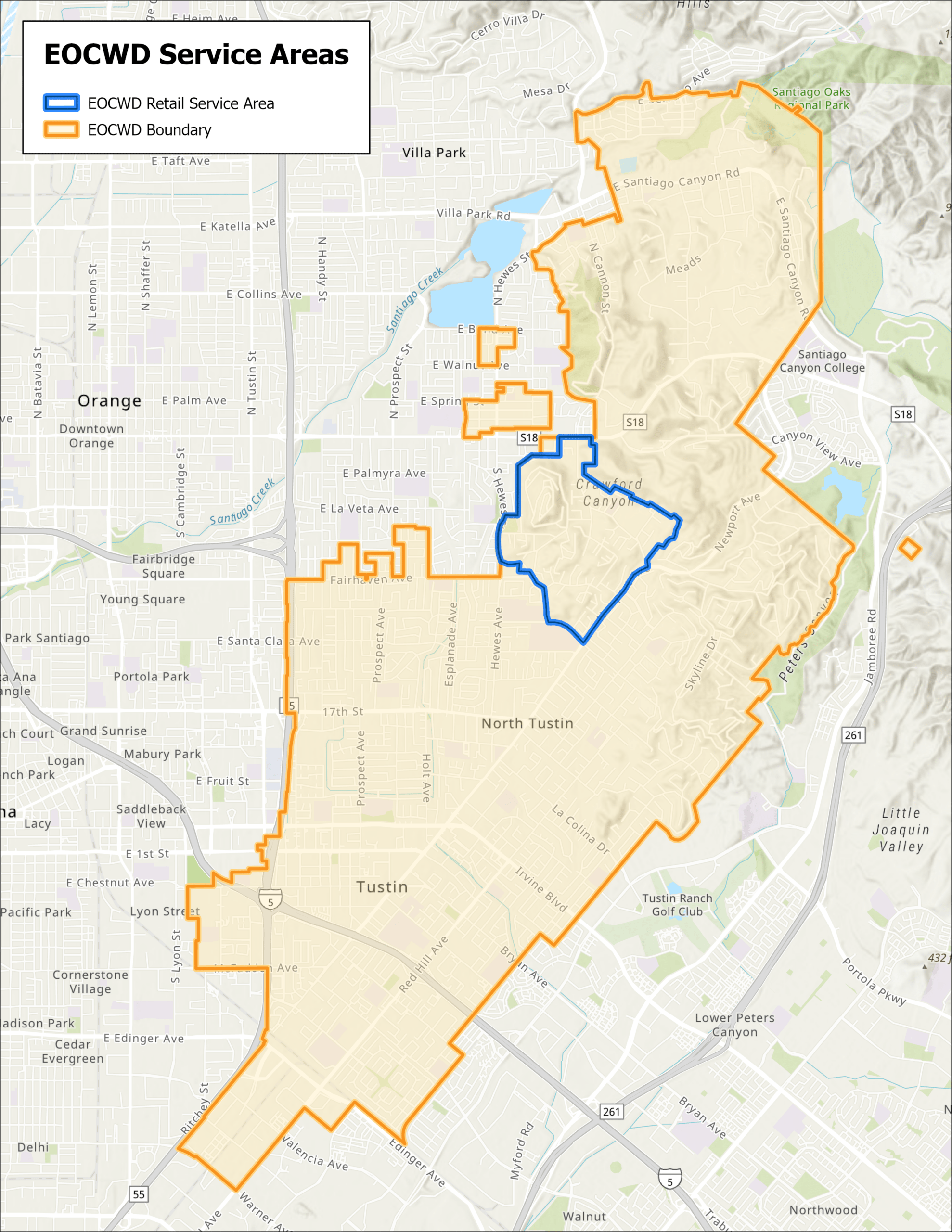 Map showing East Orange County Water District retail boundary.