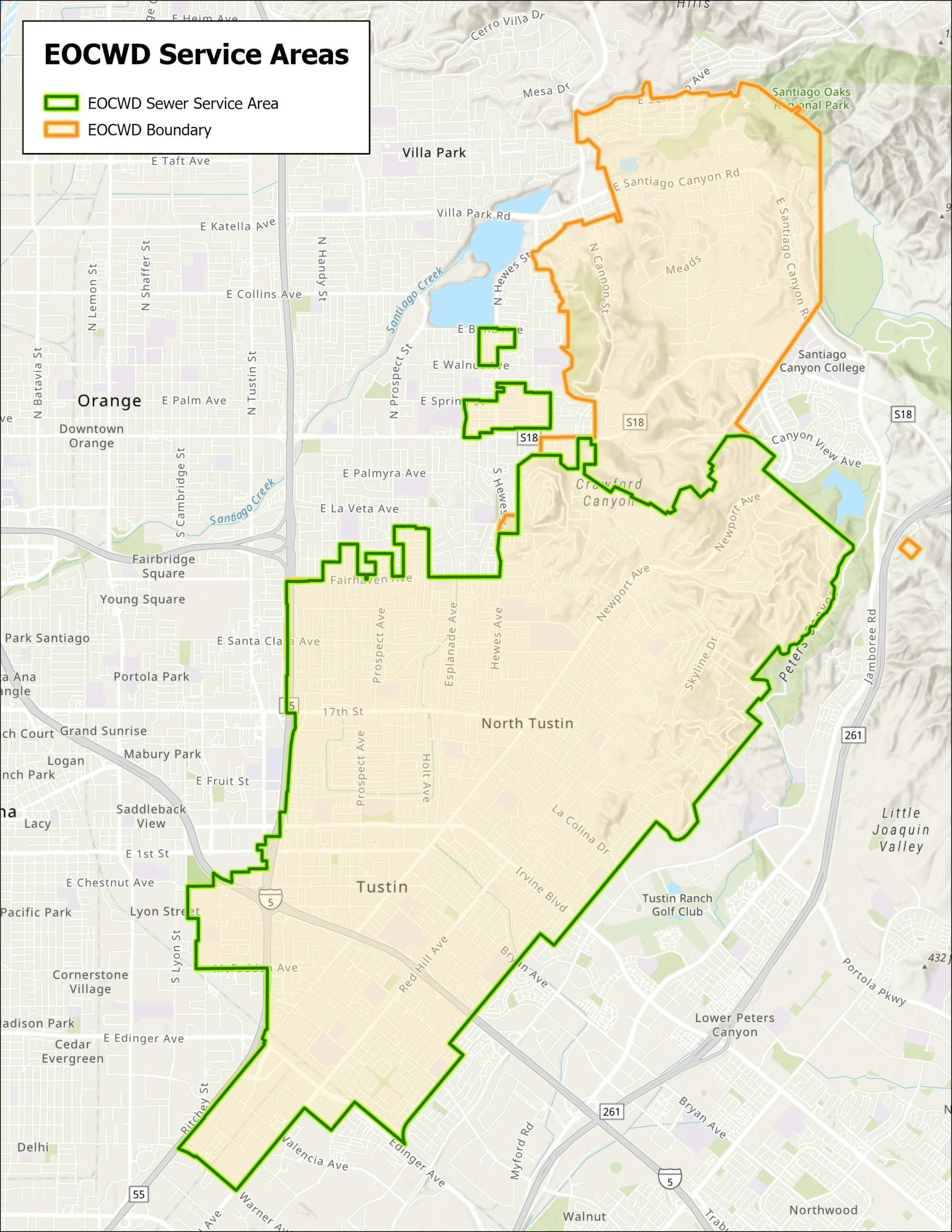 Map showing East Orange County Water District sewer boundary.