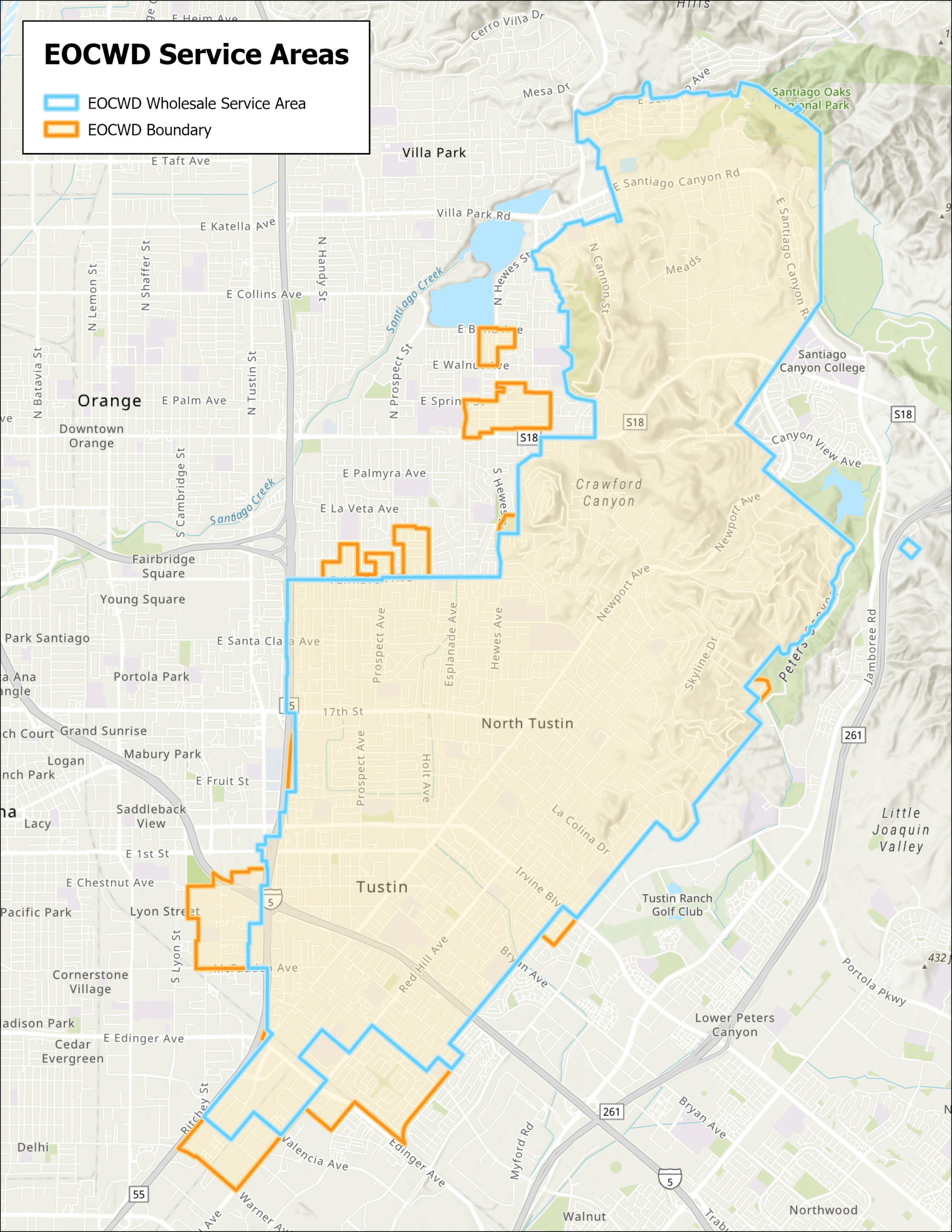 Map showing East Orange County Water District wholesale service boundary.